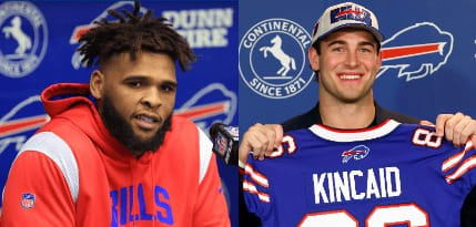 Rookies O'Cyrus Torrence (left) and Dalton Kincaid could both play pivotal roles for Bills this year.